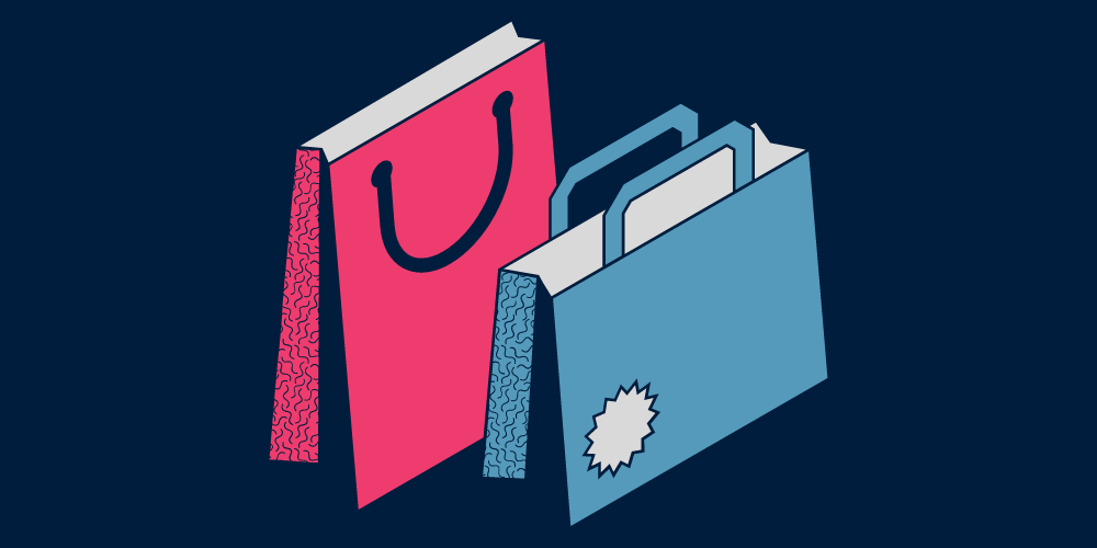 pink and blue cartoon shopping bags