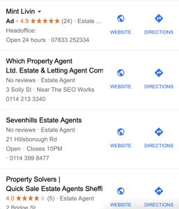 Screenshot of google my business estate agent listings