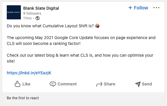 Screenshot of LinkedIn post without open graph used