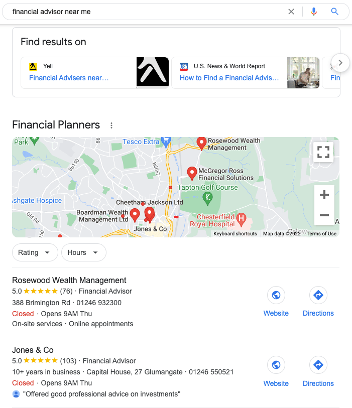 Google search results screenshot for local results of financial advisor near me