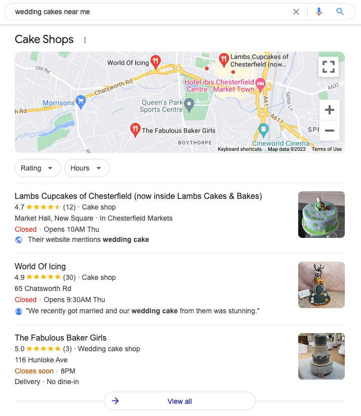 organic search results for wedding cakes near me on Google