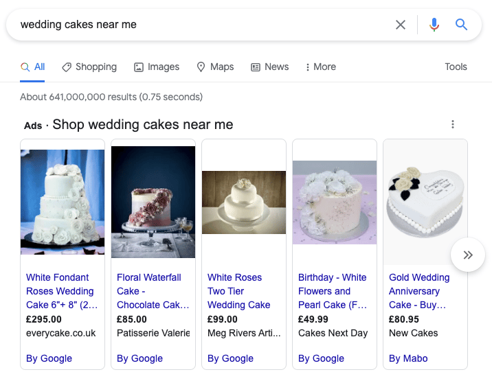 screenshot of wedding cakes near me search results of paid ads