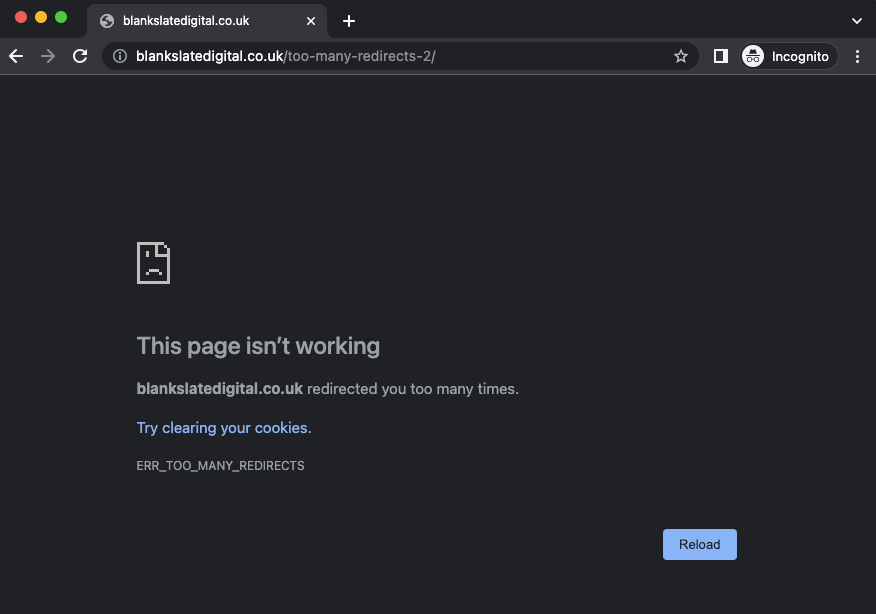 screenshot of chrome err_too_many_redirects message