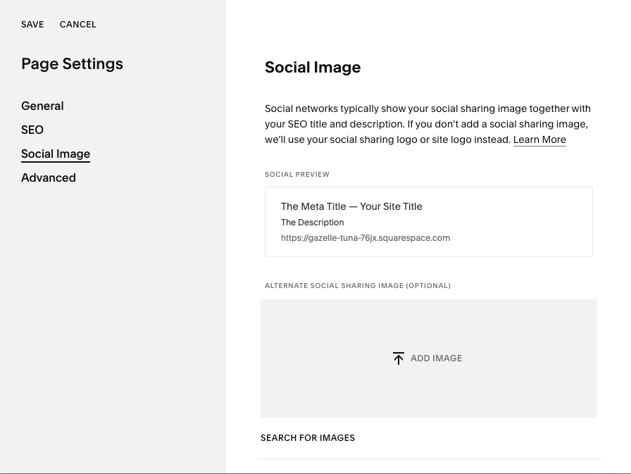 Screenshot of the Open Graph settings page in Squarespace