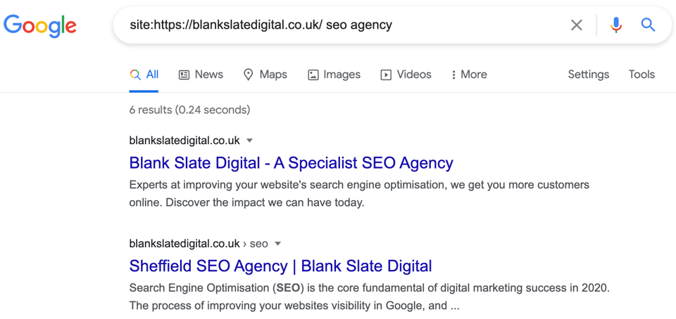 screenshot of google results for a site: search