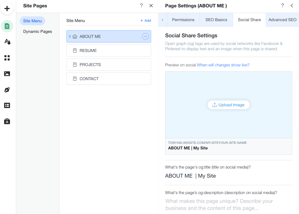 Screenshot of the social share settings in Wix where you can edit Open Graph tags
