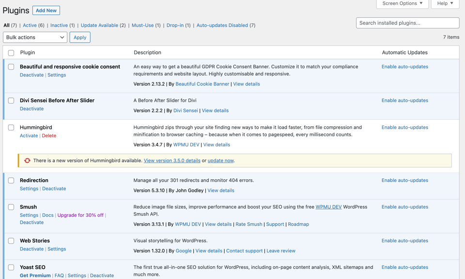 screenshot of WordPress plugins page