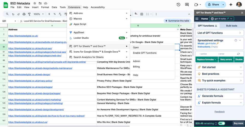 screenshot of gpt for sheets interface