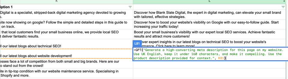 Screenshot of meta description formula GPT for sheets