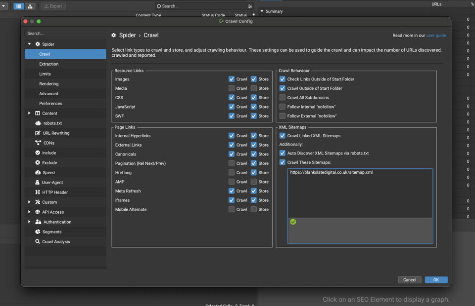 screaming frog config settings screenshot