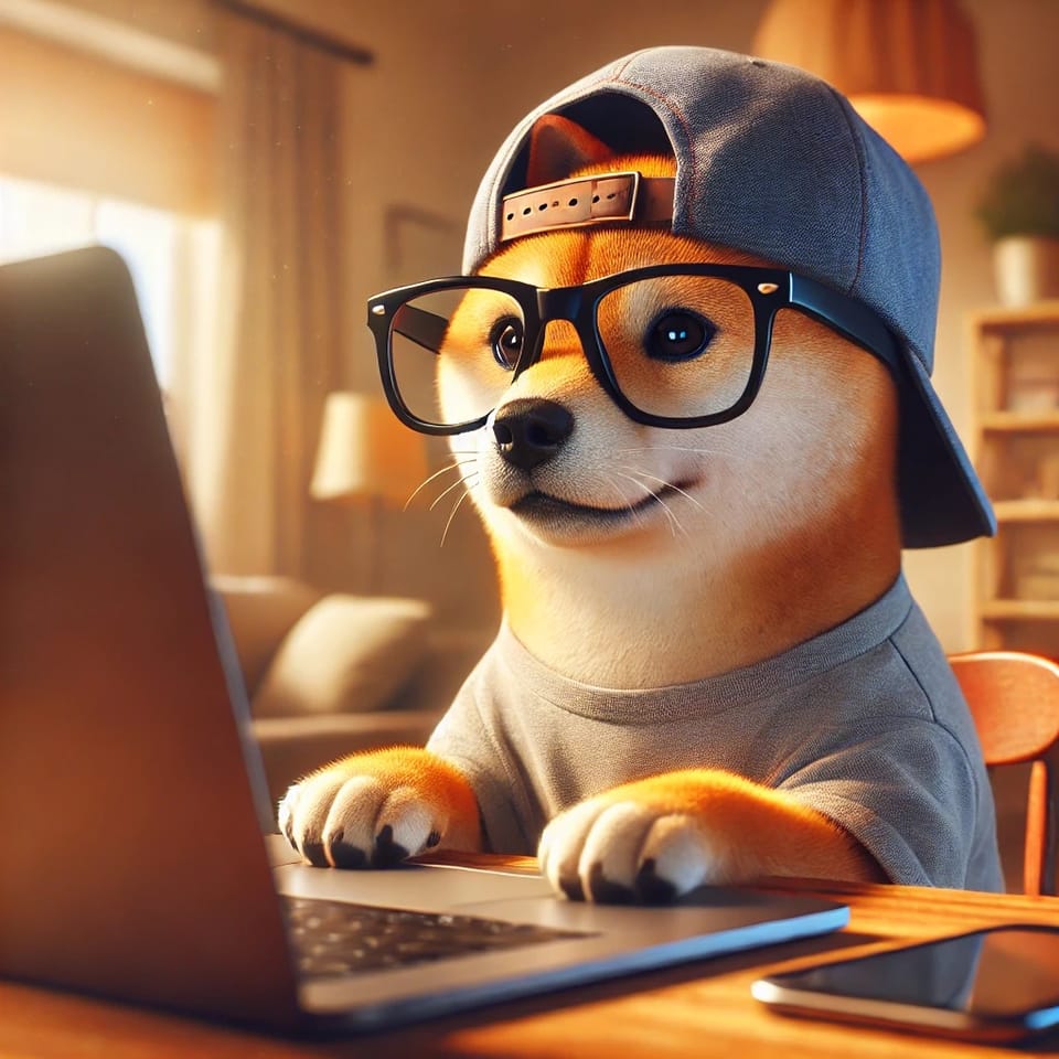 AI generated shiba working on laptop with hat and glasses