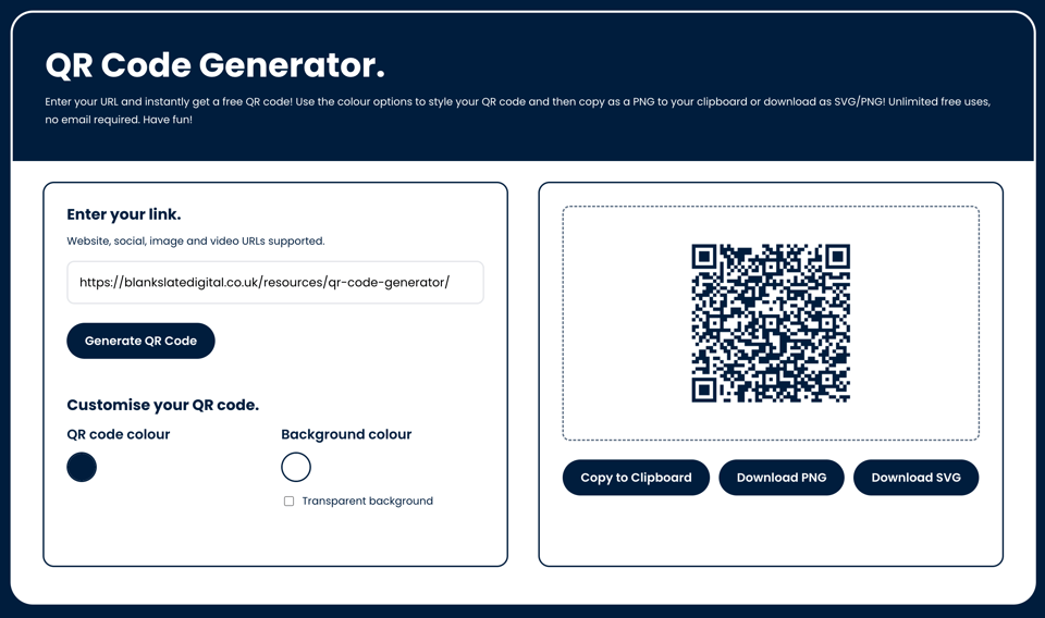 A screenshot of the Blank Slate Digital Qr Code Generator page
