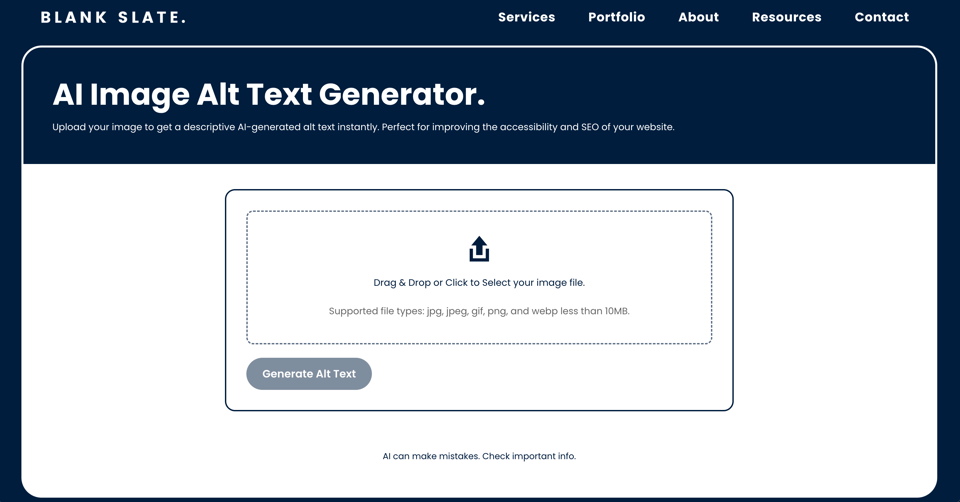 Screenshot of the Blank Slate Digital free AI image alt text tool.