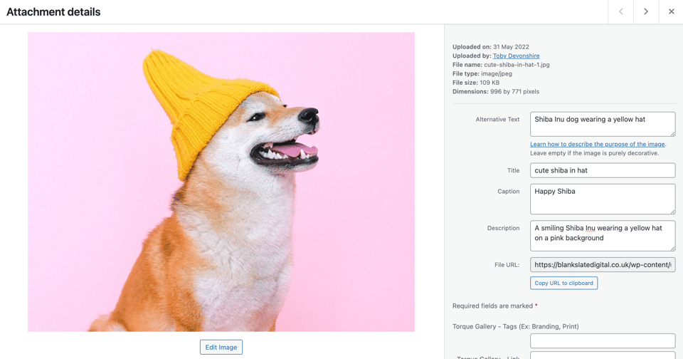 Screenshot of image alt text input on WordPress Media Library Example for a Shiba Inu picture.
