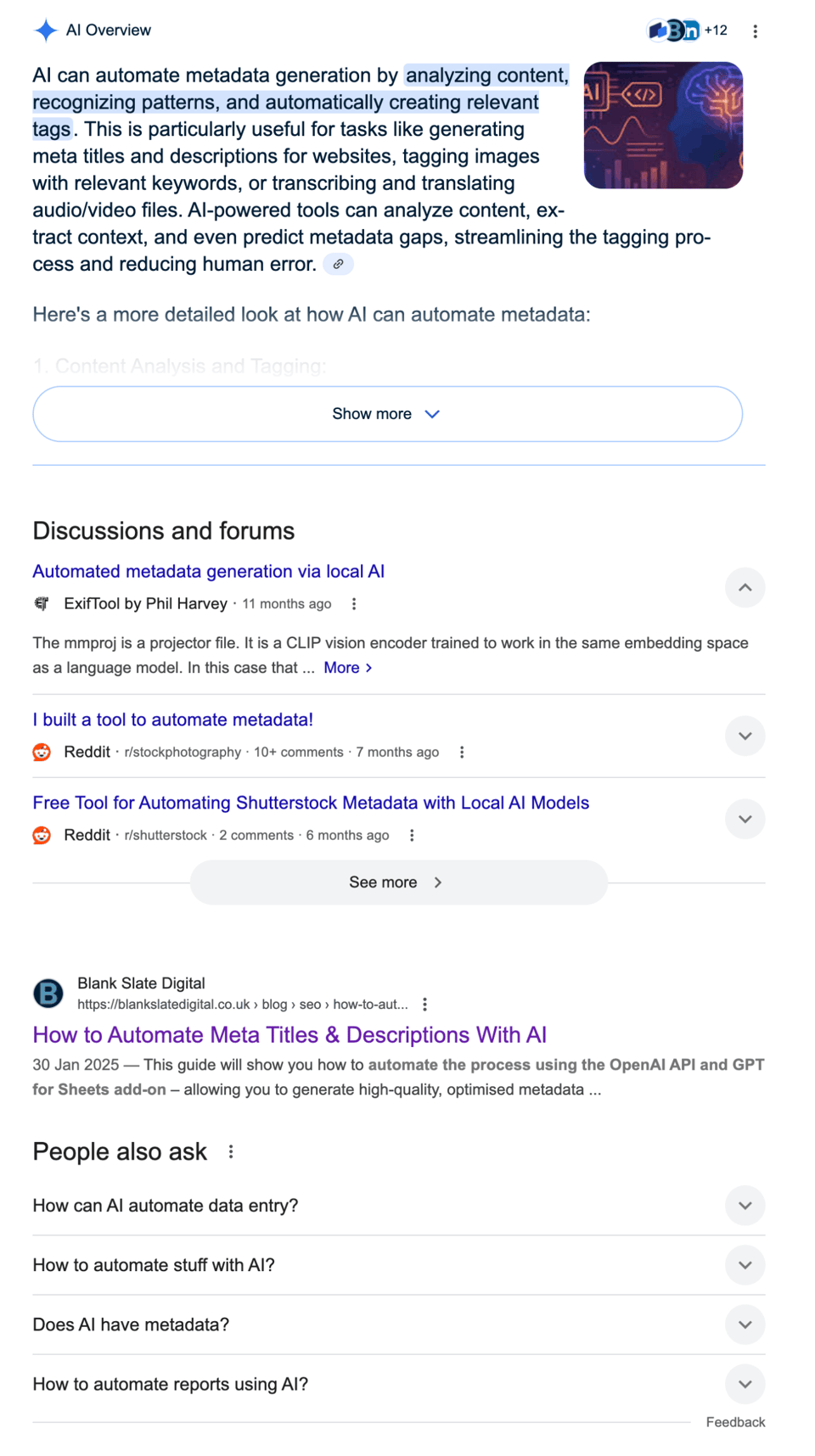 a screenshot of google search results for how to automate metadata